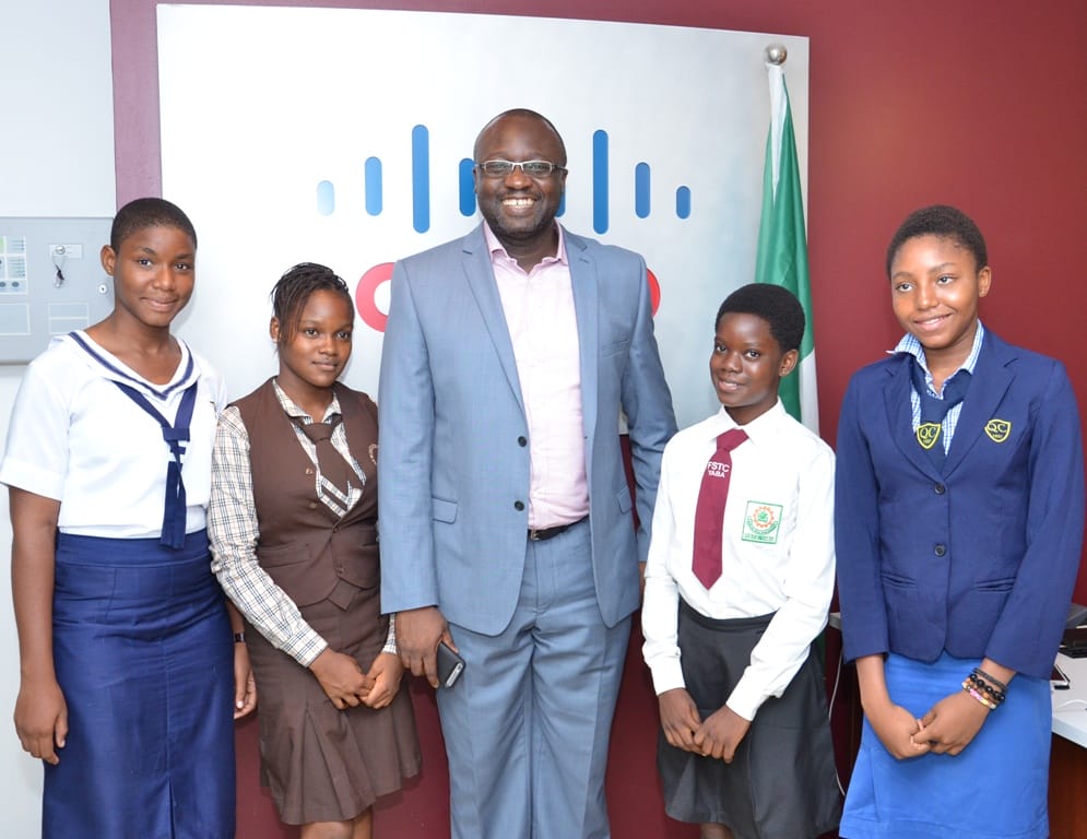 Ubaneche Tochukwu, student, Nigerian Navy Secondary School, Ojo; Daniyan Omowale, student, New Estate Baptist School, Surulere; Mr. Dare Ogunlade General Manager, Cisco, Nigeria, Ghana, Liberia and Sierra Leone; Ozowe Precious, student, Queens College, Yaba and John Naomi student, Federal Science and Technology College, Yaba during the celebration of "Girls in ICT Day", a global initiative on creating awareness and encouraging young girls in building a career in ICT at Cisco's Office, Maersk Building, VI, Lagos on Thursday, April 23, 2015 