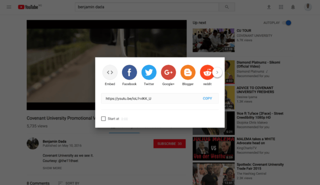 Screenshot of YouTube's feature display for sharing
