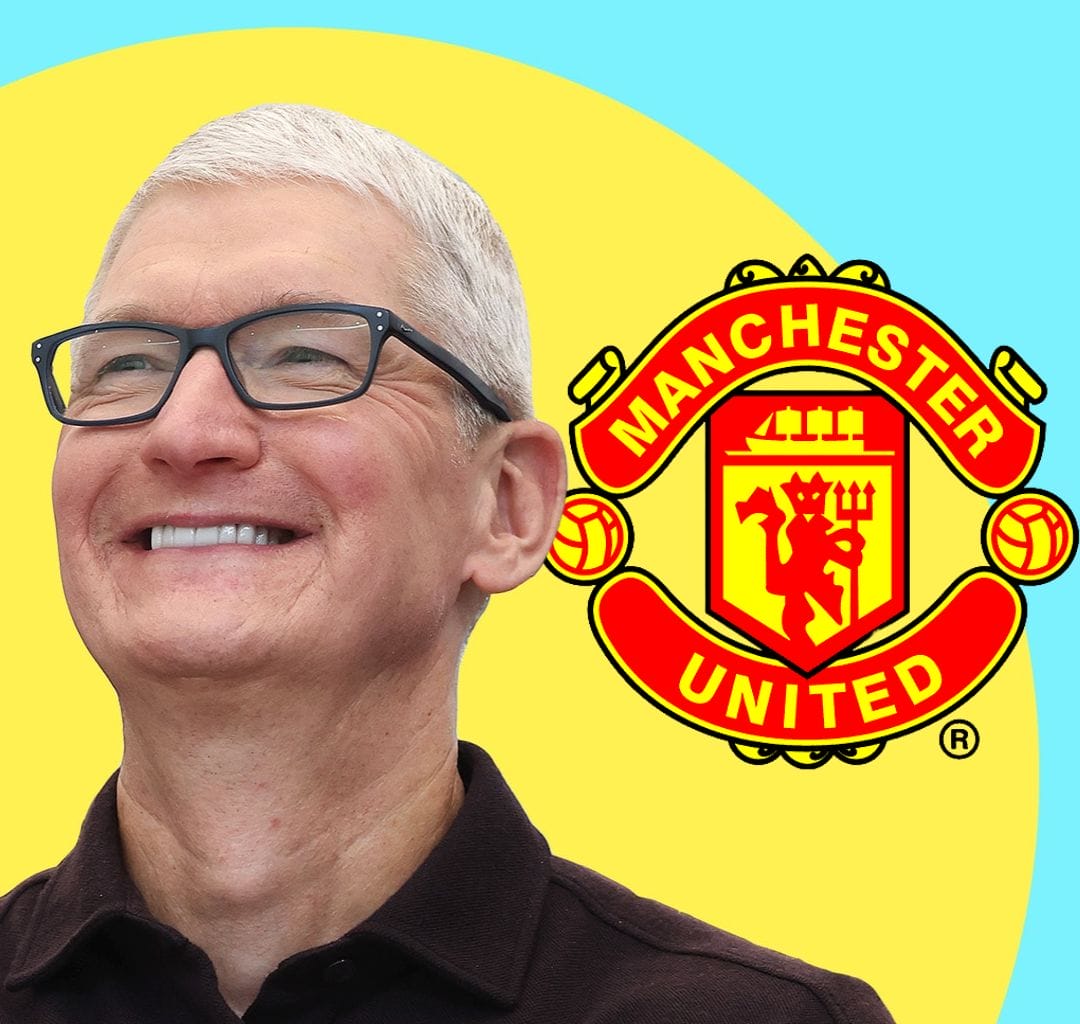 Apple CEO, Tim Cook is pictured smiling, wearing a black shirt and recommended black framed glasses against a yellow and teal background and the Manchester United football club logo behind his ear.
